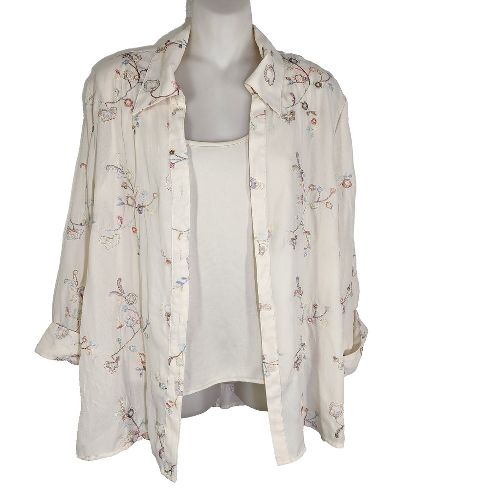 Vtg Apparenza Women 2Pc Tank Shirt M Button Floral Embroidered 3/4 Cuffed Sleeve